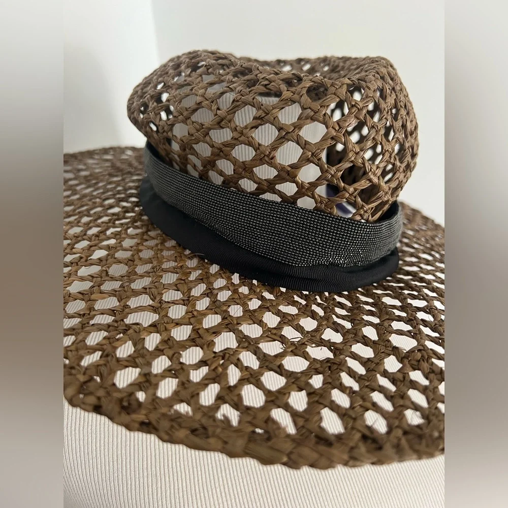 NWT Brunello Cucinelli Italy Size M Raffia women Hat Silver Monili Brown - Picture 8 of 13